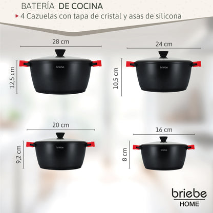 Briebe Batería Cocina Inducción Antiadherente Titanio, 8 Piezas Aluminio Fundido 4 Ollas Sin Pfoa Tapa, Blackt4, Negro_2