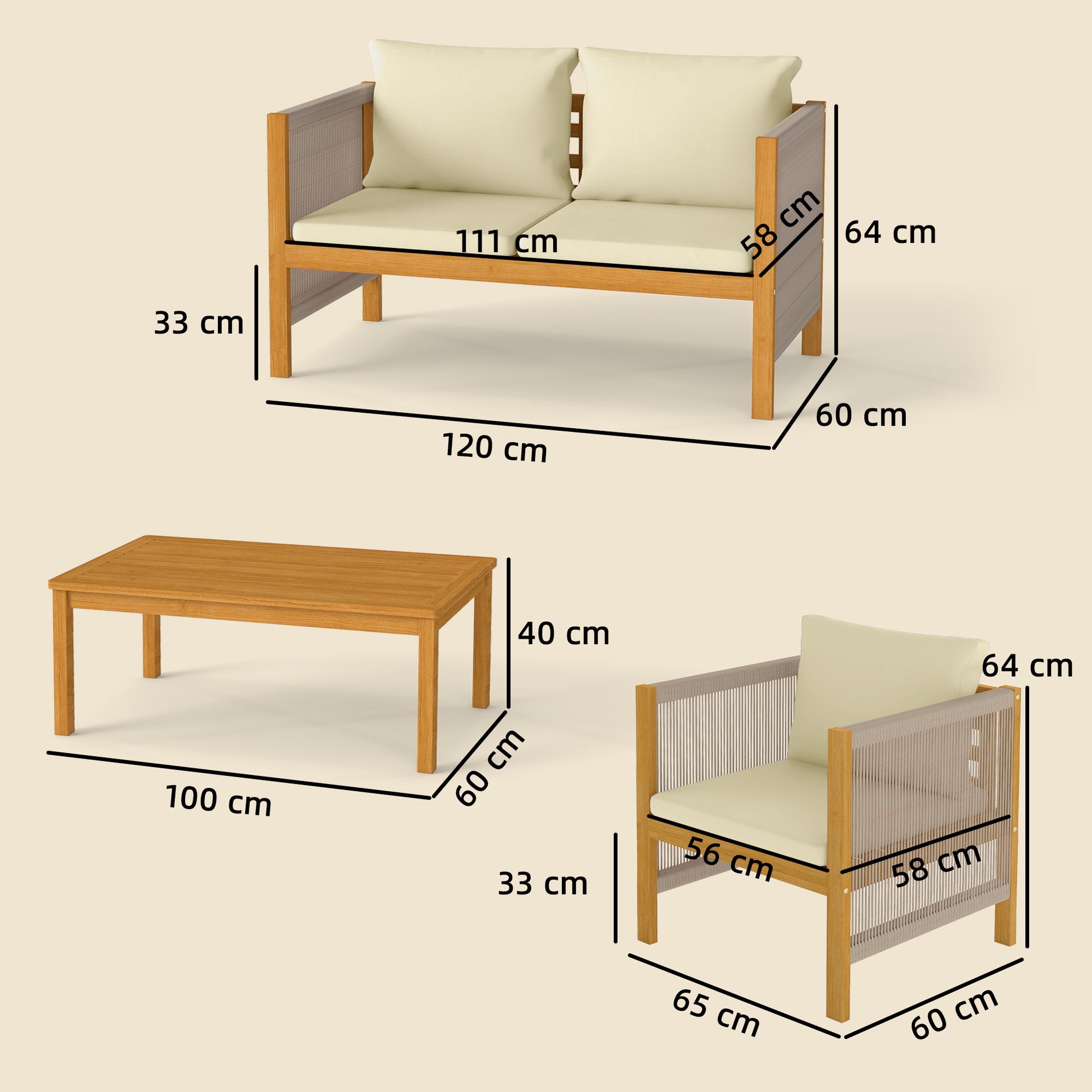 Outsunny Conjunto De Jardín Exterior De 4 Piezas Con Cojines Natural Y Beige_2