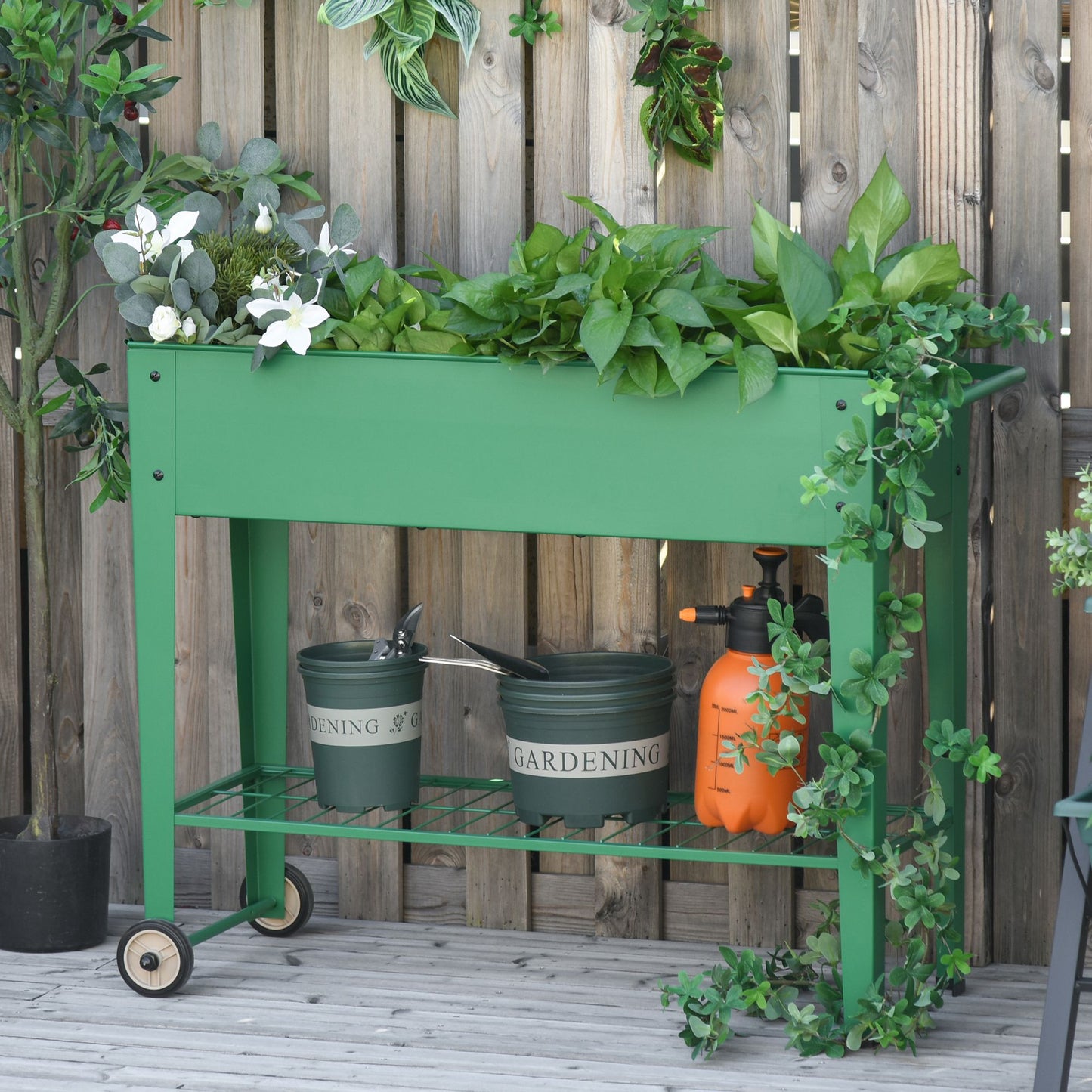 Outsunny Jardinera Elevada De Metal Con Ruedas Para Cultivo Plantas Flores Verde_1