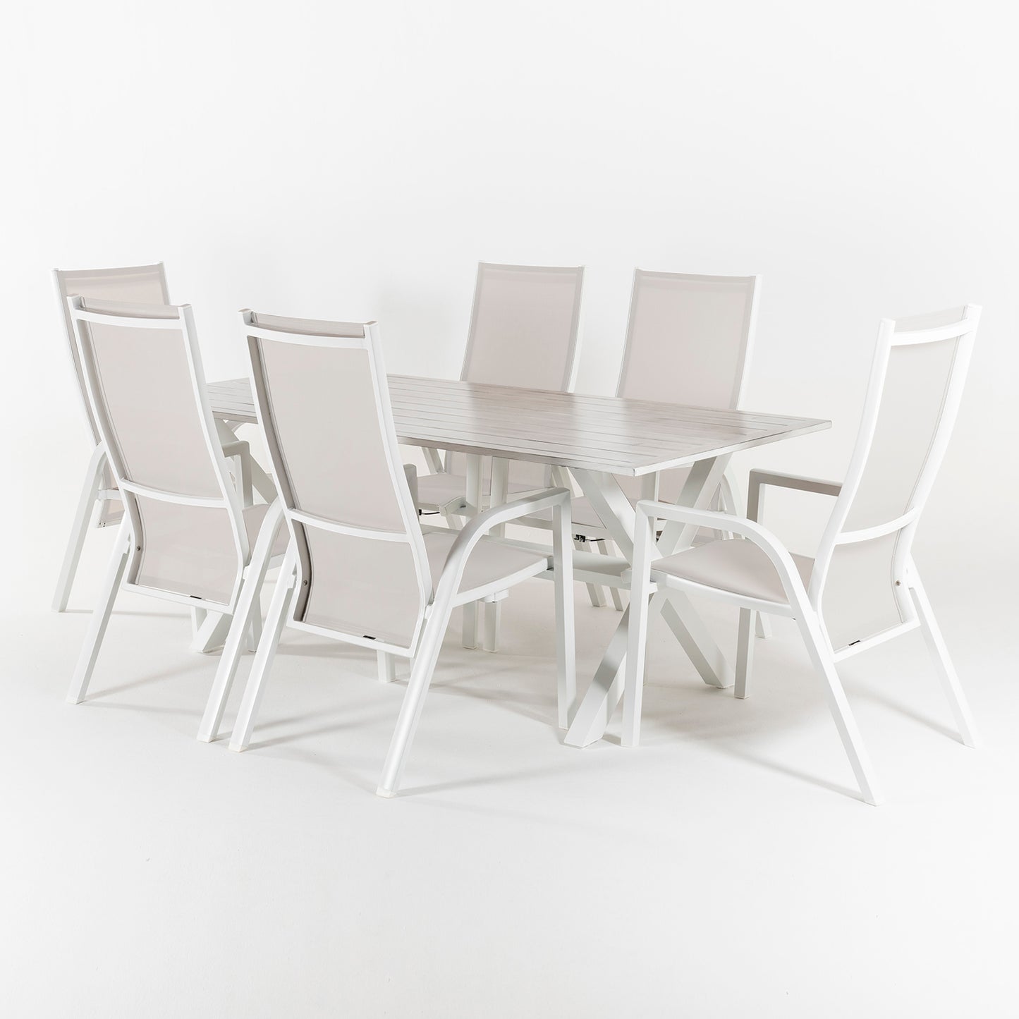 Conjunto De Mesas Y Sillas Para Exterior, Aluminio Resistente, Aluminio Y Textilene, Color Blanco, Mesa: 190x90x75 Silla:110x57x70_2