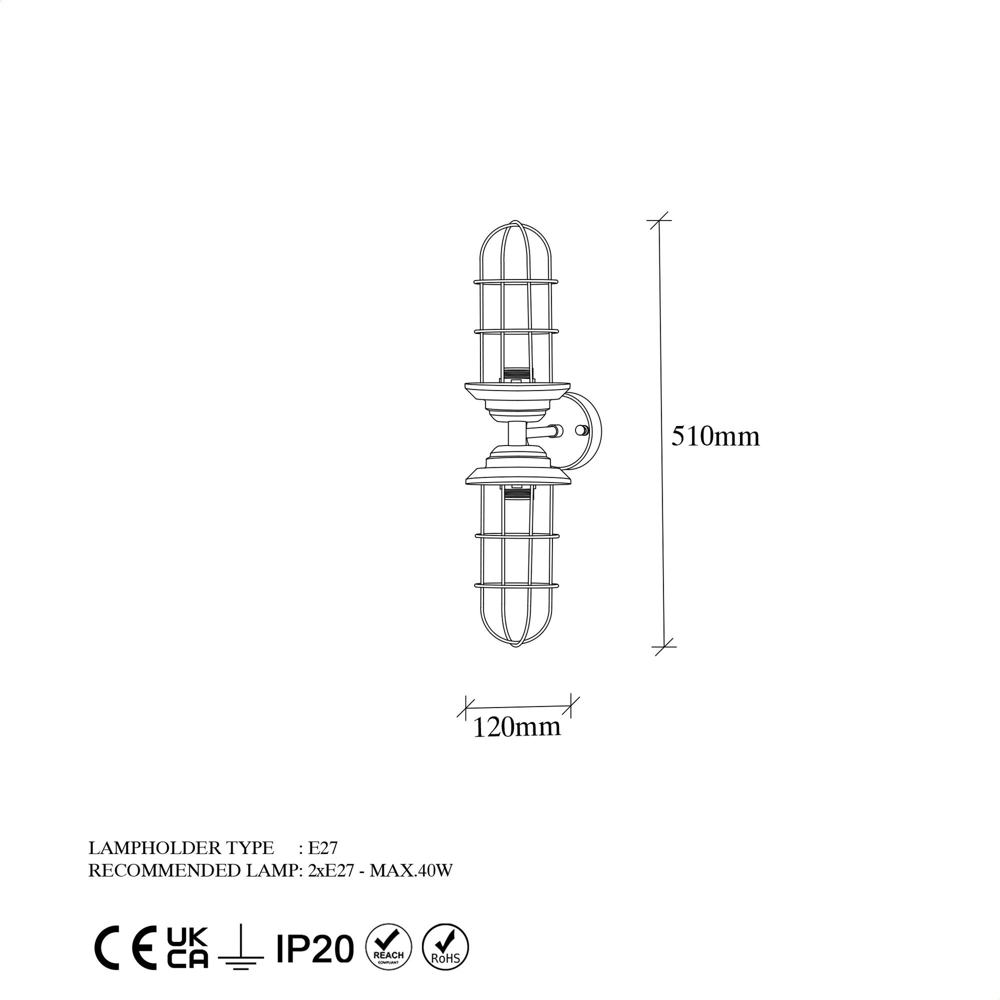 Aplique De Pared, Metal , Oro, 12x20x51, Casquillo 2 X E27 Max 40 W_1
