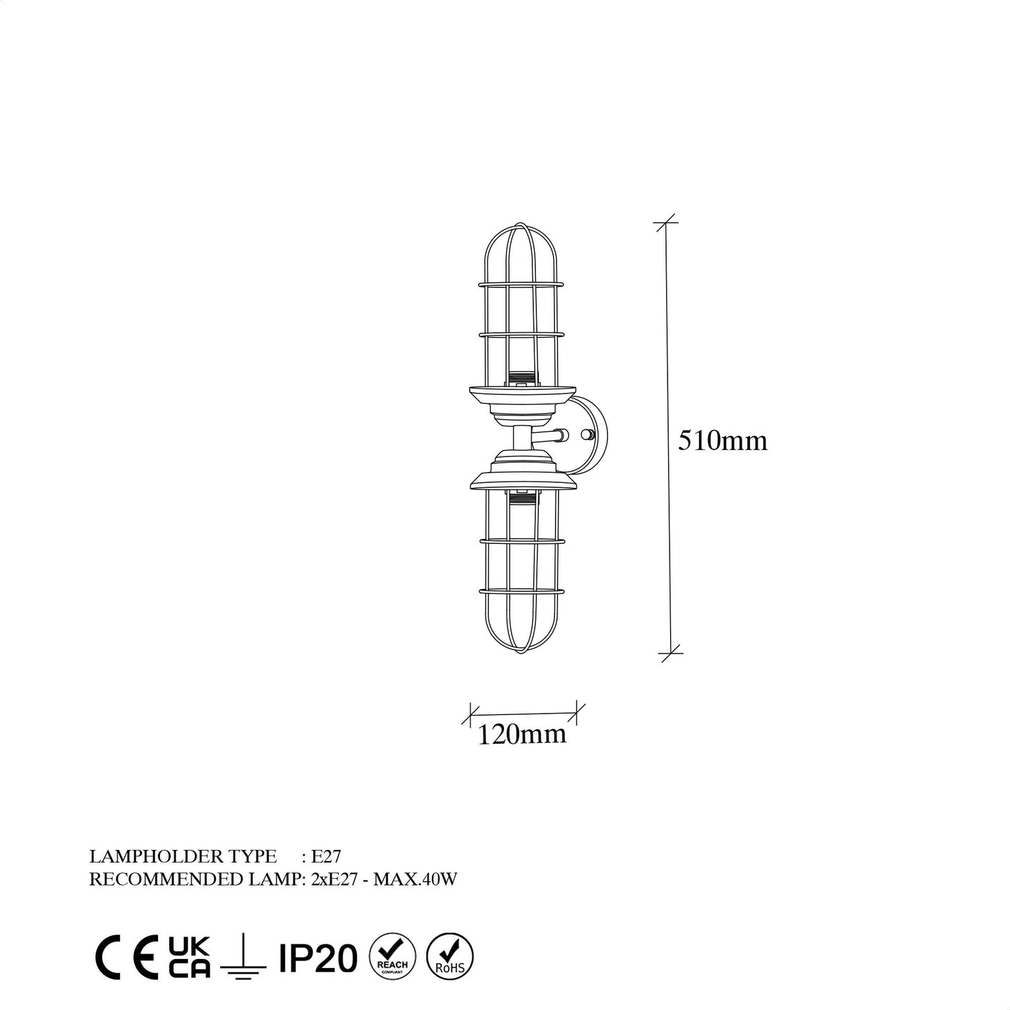 Aplique De Pared, Metal , Negro, 12x20x51, Casquillo 2 X E27 Max 40 W_1