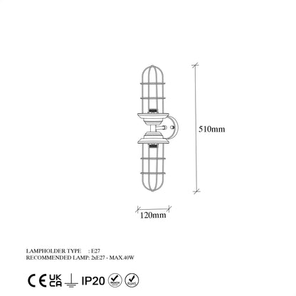 Aplique De Pared, Metal , Negro, 12x20x51, Casquillo 2 X E27 Max 40 W_1