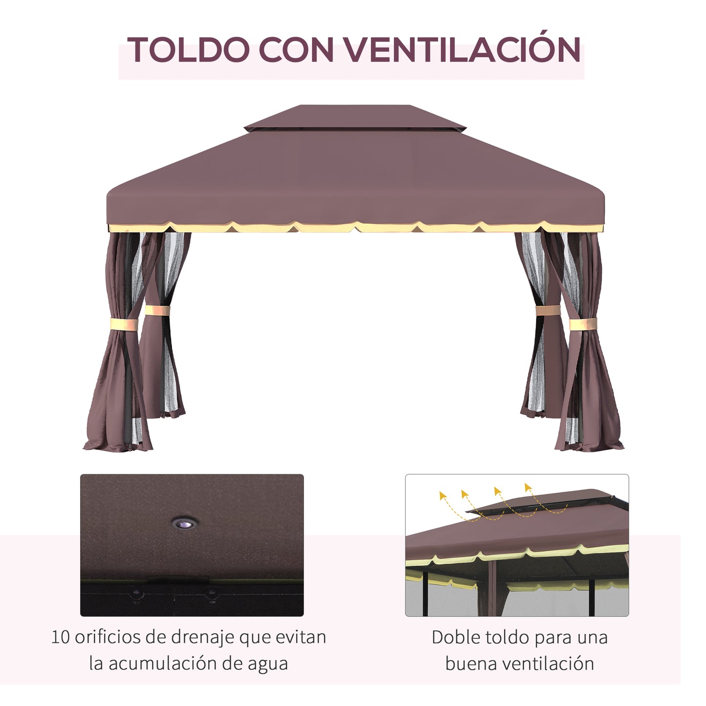 Outsunny Cenador De Jardín 4x3 M Con Doble Techo 4 Cortinas 4 Mosquiteras Café_3