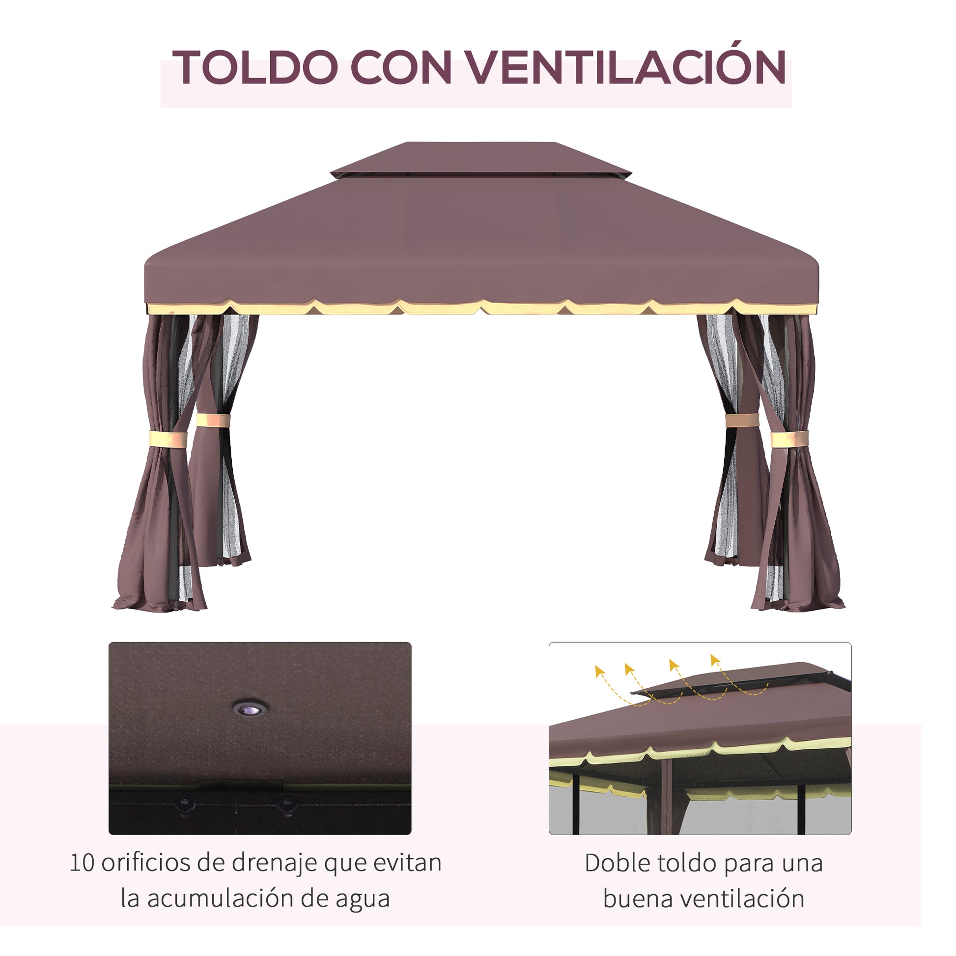 Outsunny Cenador De Jardín 4x3 M Con Doble Techo 4 Cortinas 4 Mosquiteras Café_3