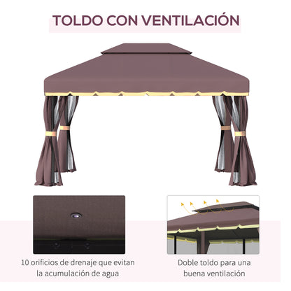 Outsunny Cenador De Jardín 4x3 M Con Doble Techo 4 Cortinas 4 Mosquiteras Café_3
