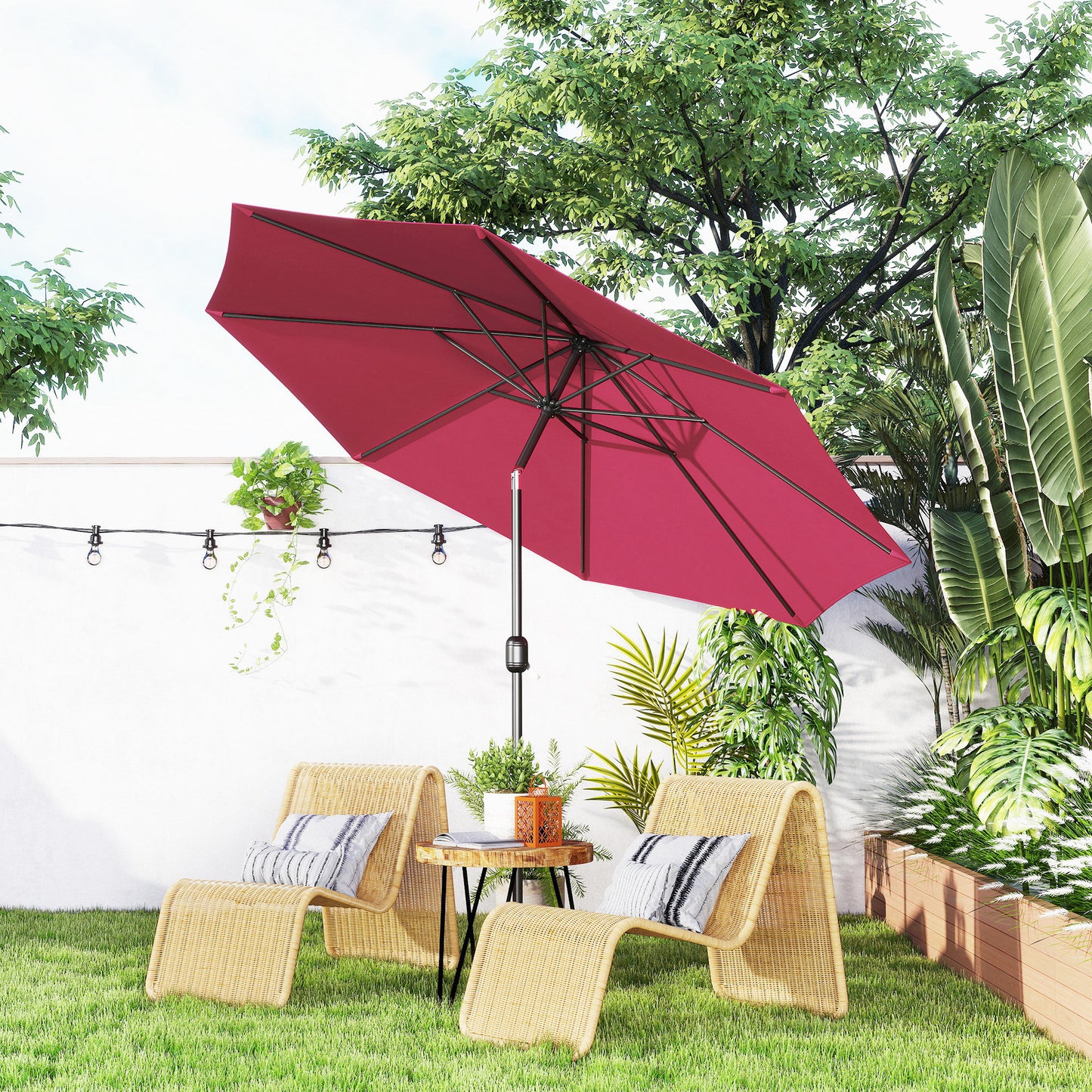 Outsunny Sombrilla De Jardín Ø295x250 Cm Con Manivela E Inclinación Vino Tinto_1