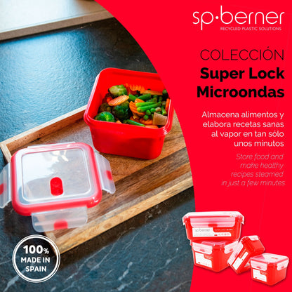 Hermético Super Lock Micro 680 Ml. Apto Para Cocinar Al Vapor En El Microondas, Ideal Transporte Y Almacenamiento De Alimentos, Cierre Clip, Válvula