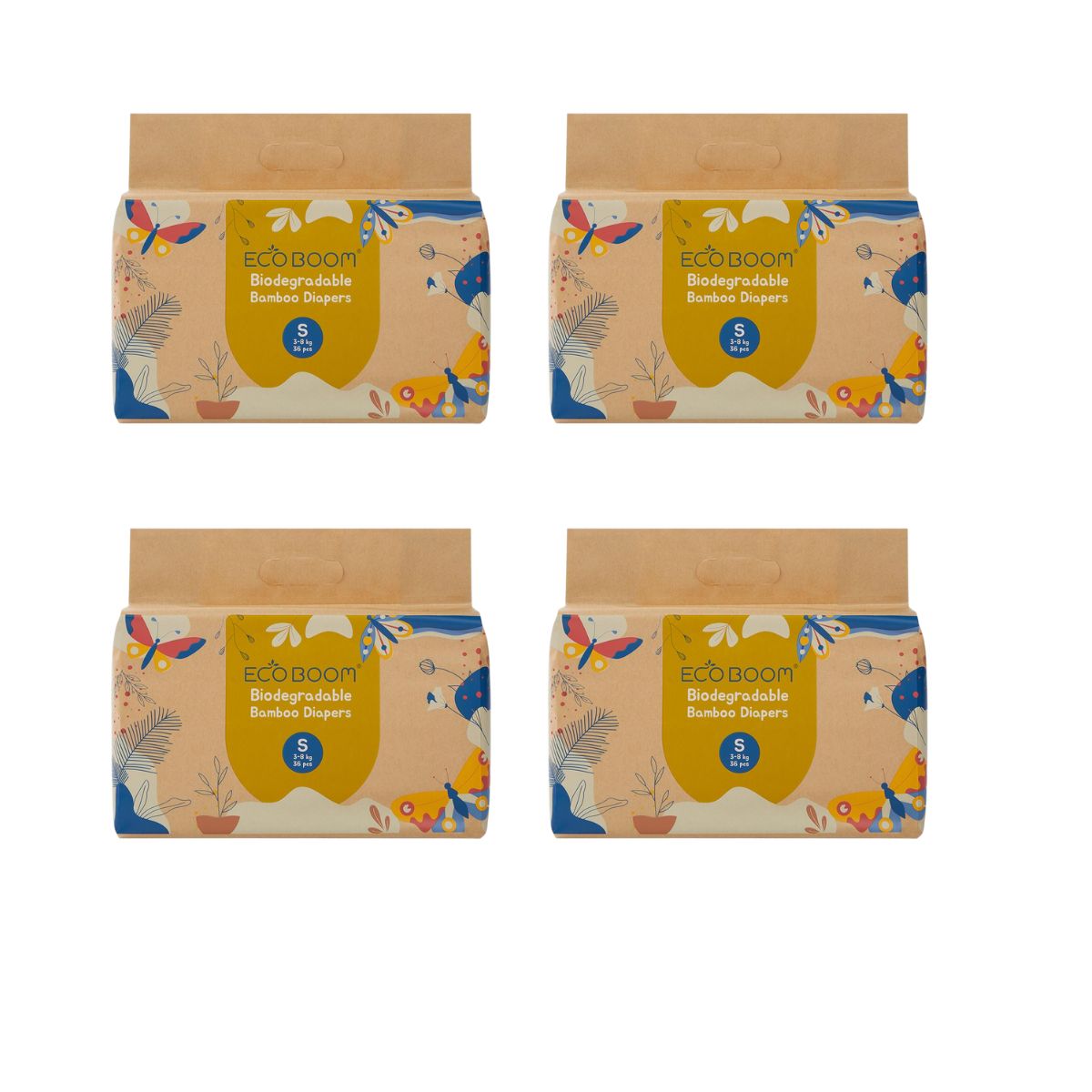 Pack 4x Pañal Ecológico de Bambú Talla 2, Ecoboom (3-8 Kg) 144 Unidades