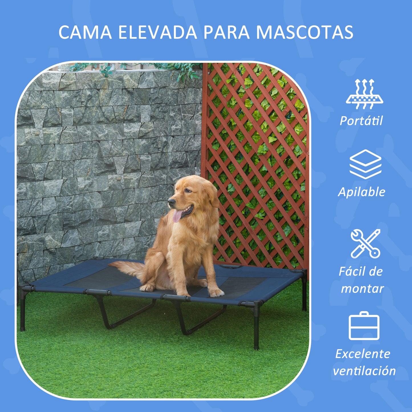 Pawhut Cama Elevada Perros Transpirable Interiores Exteriores 122x92x23 Cm Azul_3
