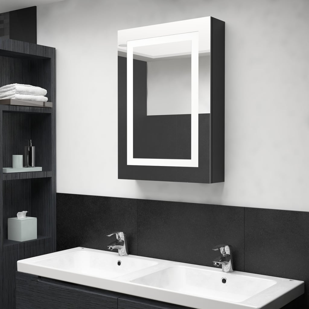 Armario De Baño Con Espejo Led Negro Brillante 50x13x70 Cm_0