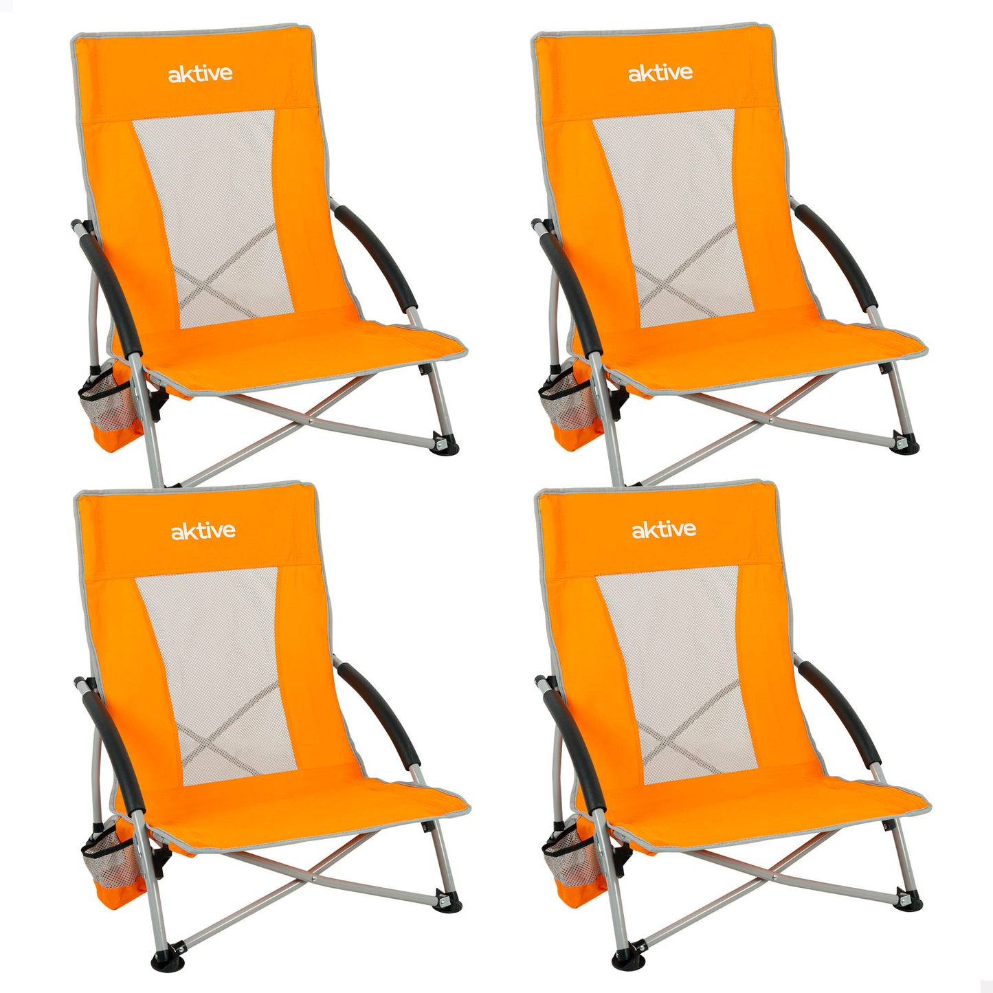 Aktive Pack 4 Sillas Plegables Playa Bajas 50x51x67 Cm Naranja Con Posavasos_0