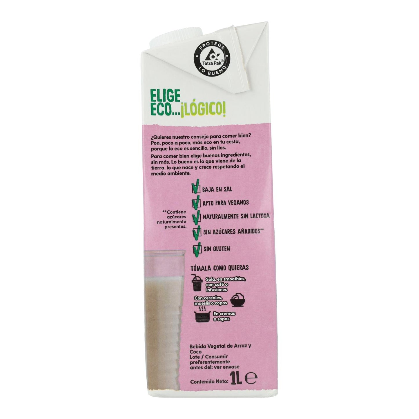 Bebida Vegetal De Arroz y Coco Bio sin azúcar añadido, 1L Ecocesta