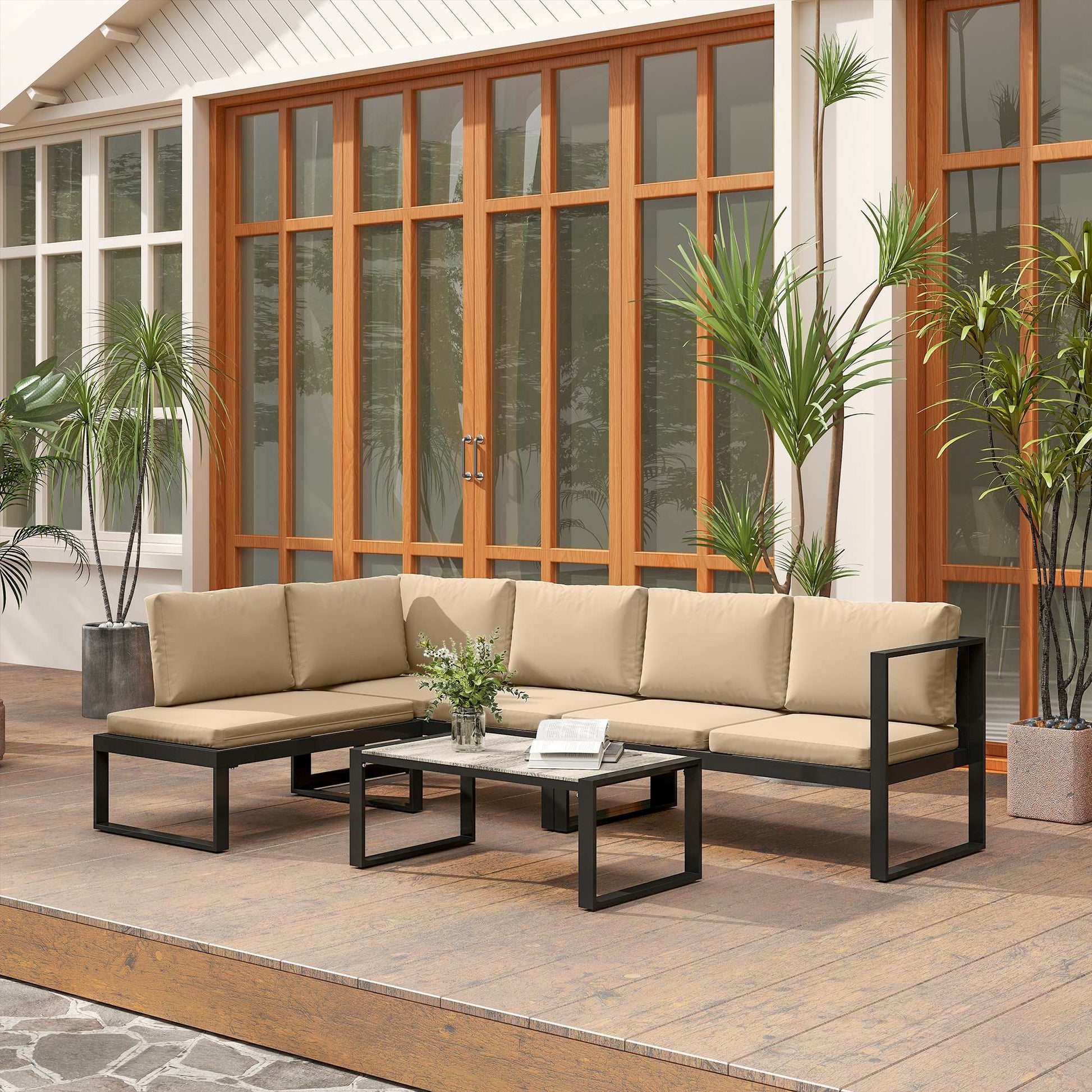 Outsunny Conjunto De Jardín Exterior 2 Sofás De 2 Plazas 1 Sillón Y Mesa Caqui_1