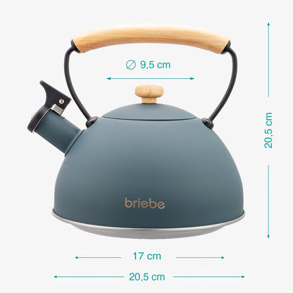 Tetera Con Silbato, Hervidor De Agua 2,5l, Inducción, Acero Inox, Vintage, Mango Madera, Briebe, Nordic, Gris