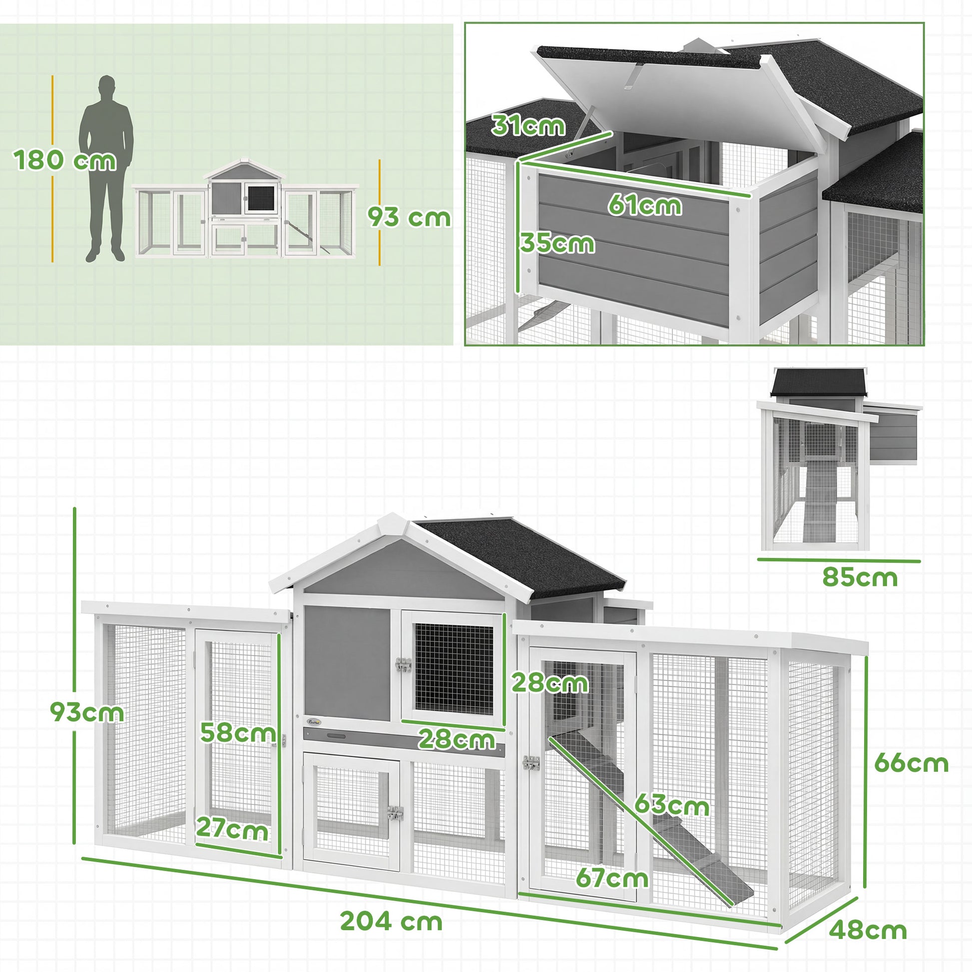 Pawhut Gallinero Para Exterior Grande De Madera 204x85x93 Cm Con Corral Bandeja_2