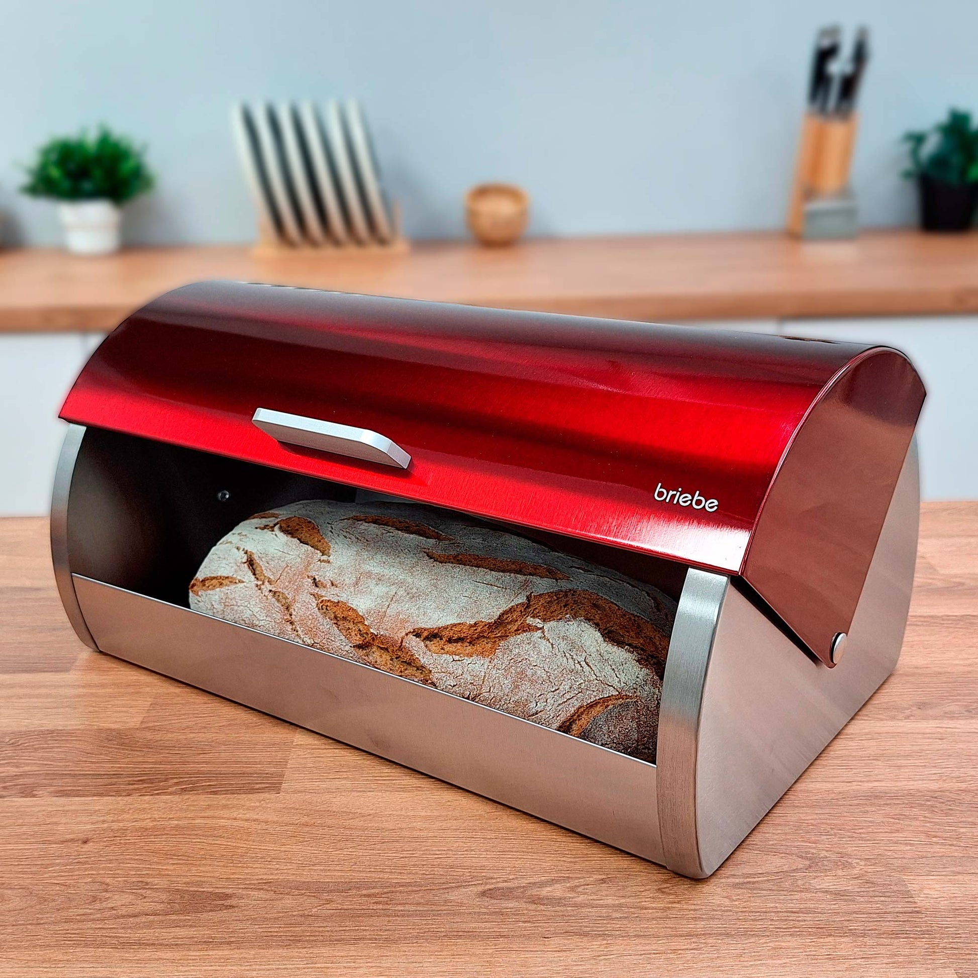 Panera De Mesa +juego 3 Botes Cocina Almacenaje Acero Inoxidable Contenedor De Pan Con Tapa, Briebe, Bb1161, Rojo / Acero Inoxidable_4