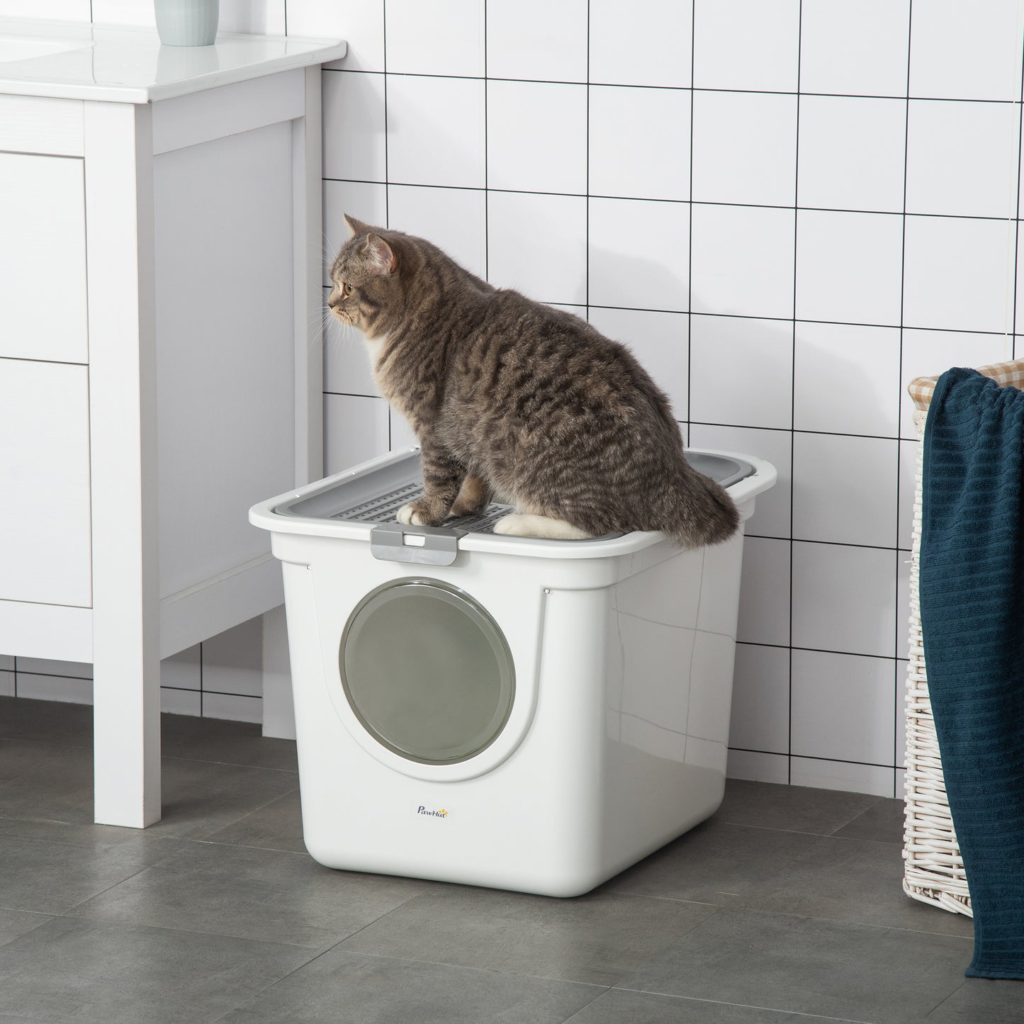 Pawhut Arenero Para Gatos Con Pala 2 Puertas 44x55x39 Cm Blanco Y Gris_1