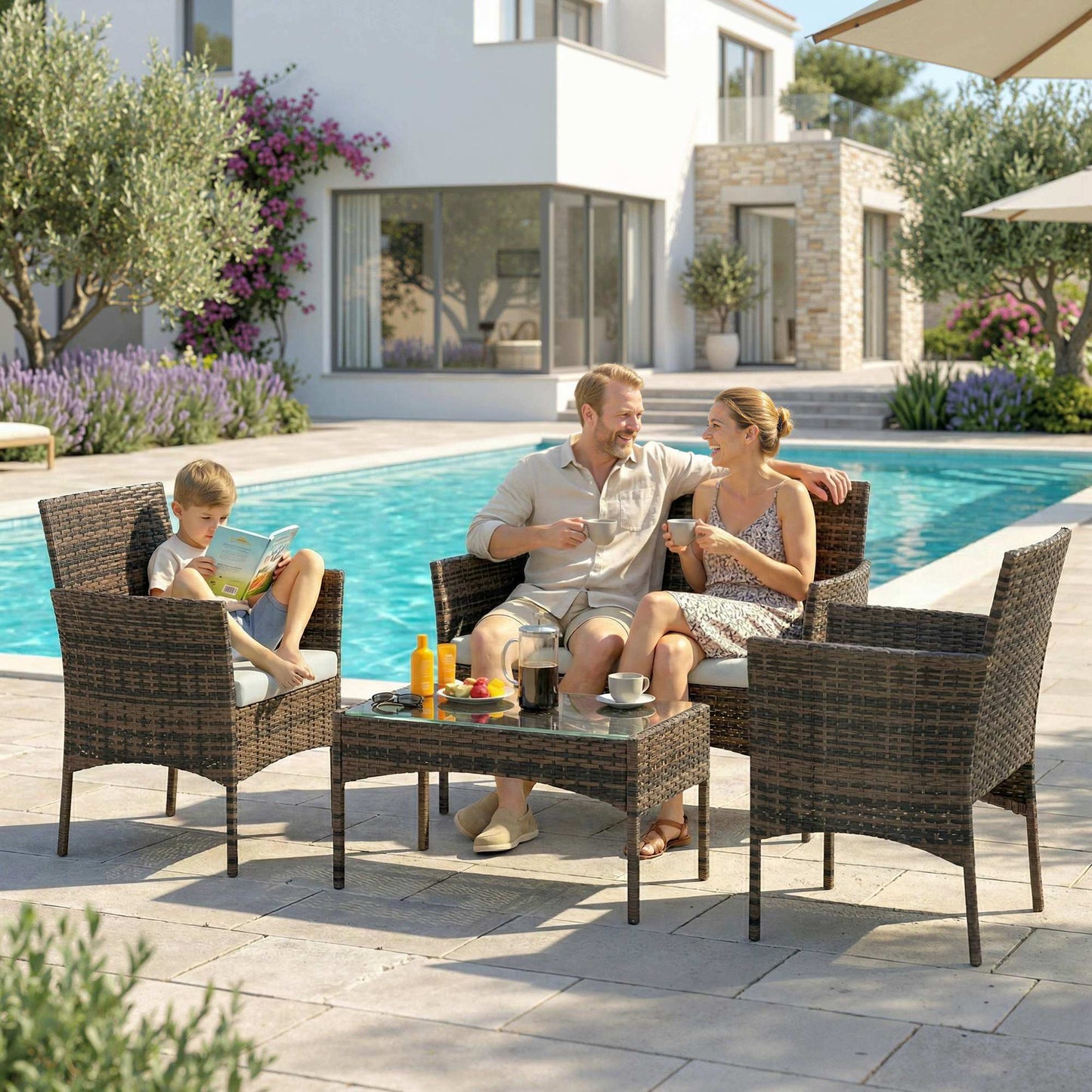 Outsunny Conjunto Jardín Exterior De Ratán Sintético Con Cojines Marrón_3