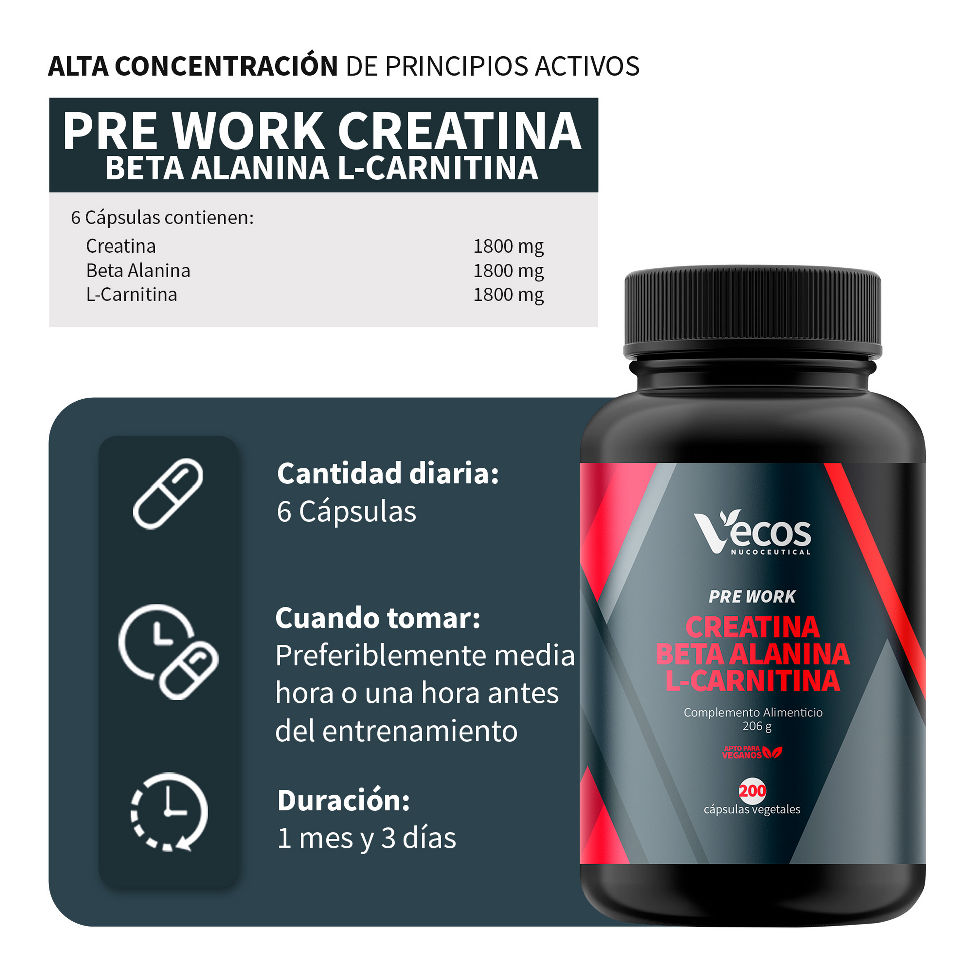 Creatina + Beta Alanina + L-carnitina Vecos 200 Cápsulas | Fuerza, Resistencia Y Rendimiento_2