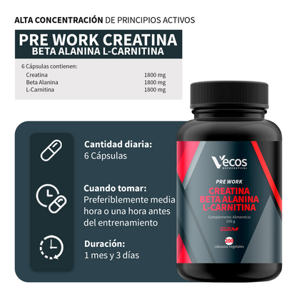 Creatina + Beta Alanina + L-carnitina Vecos 200 Cápsulas | Fuerza, Resistencia Y Rendimiento_2