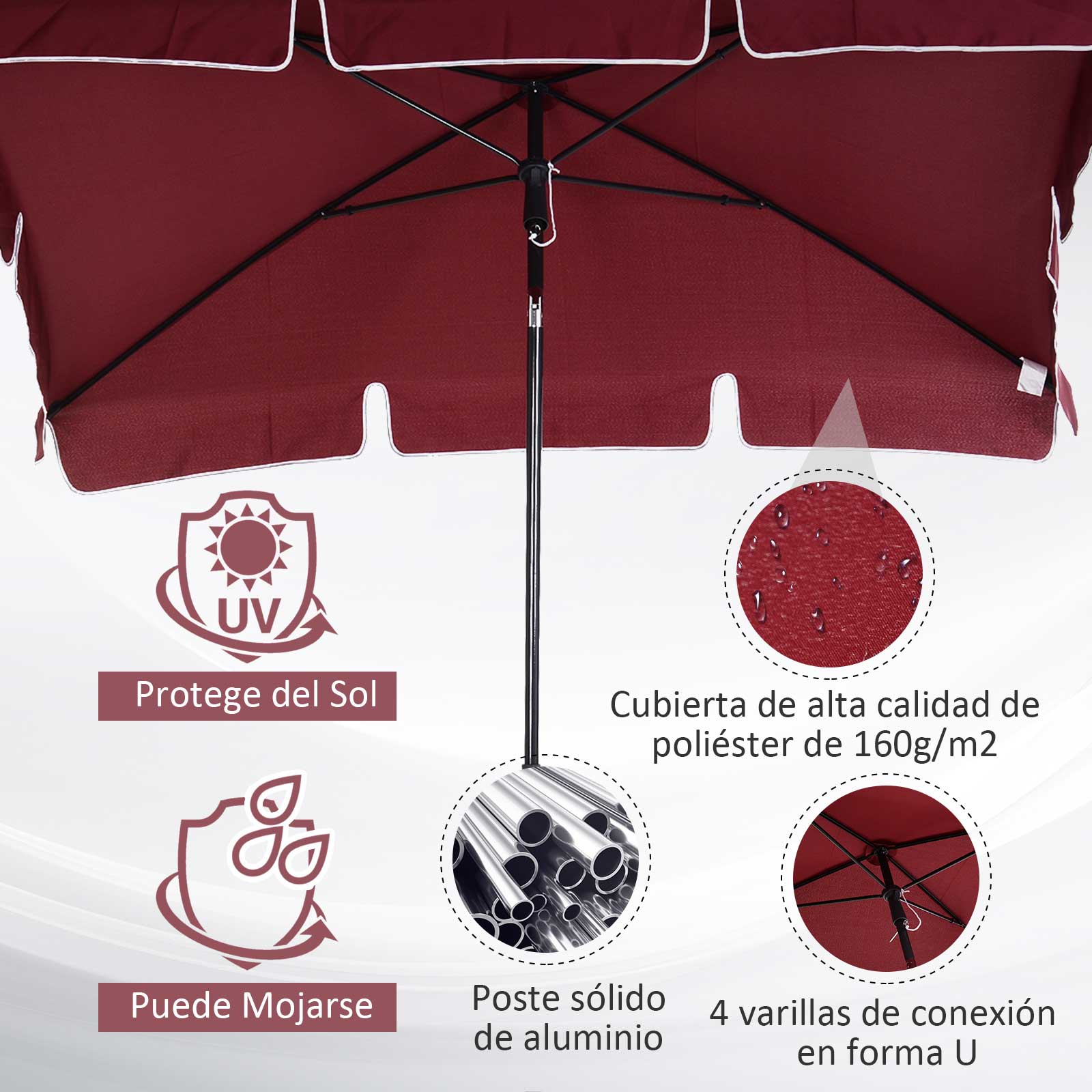 Outsunny Sombrilla De Jardín De Aluminio 198x130x245 Cm Rojo Vino_5