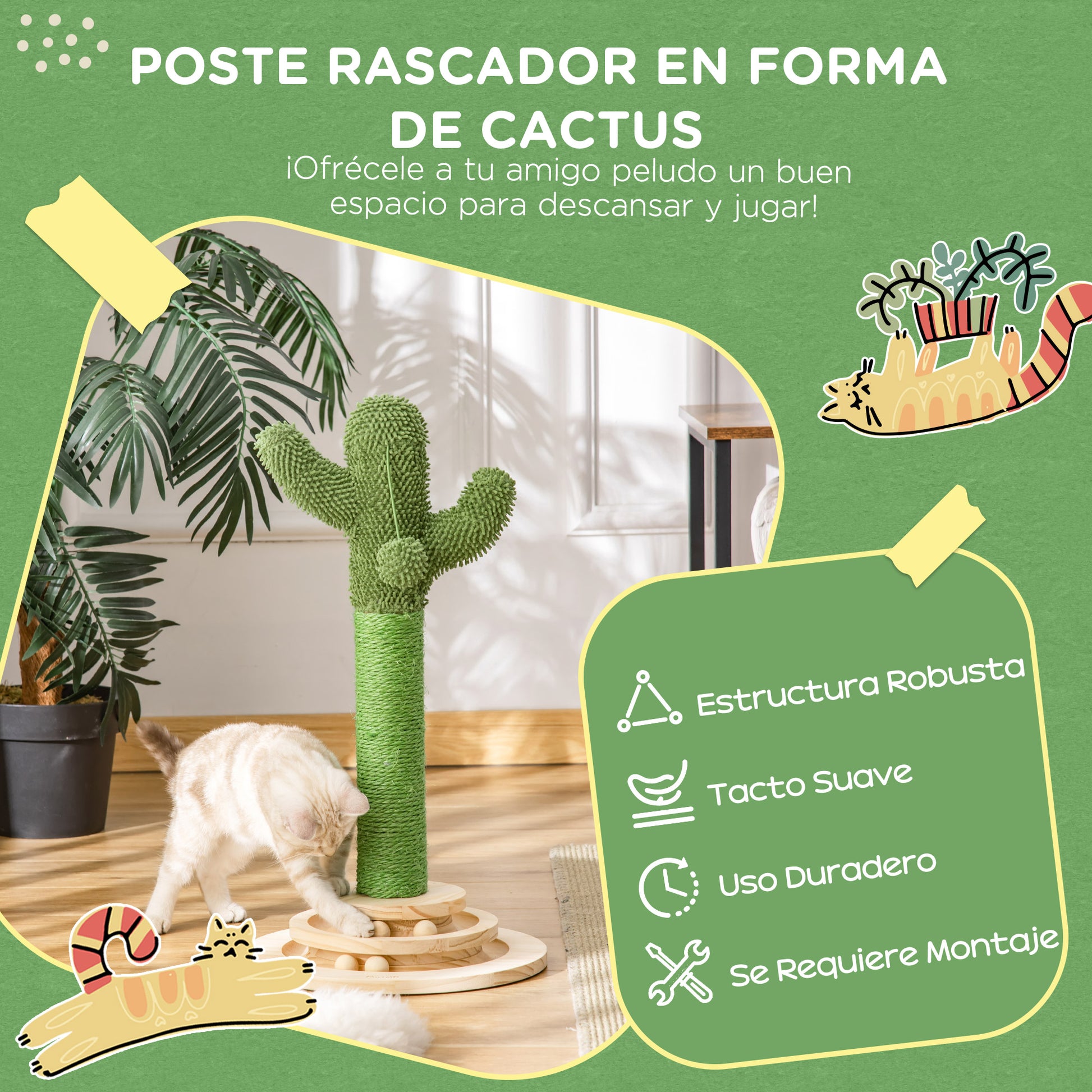 Pawhut Rascador Cactus Para Gatos Con Bola Colgante Y Juego En La Base De Madera_3