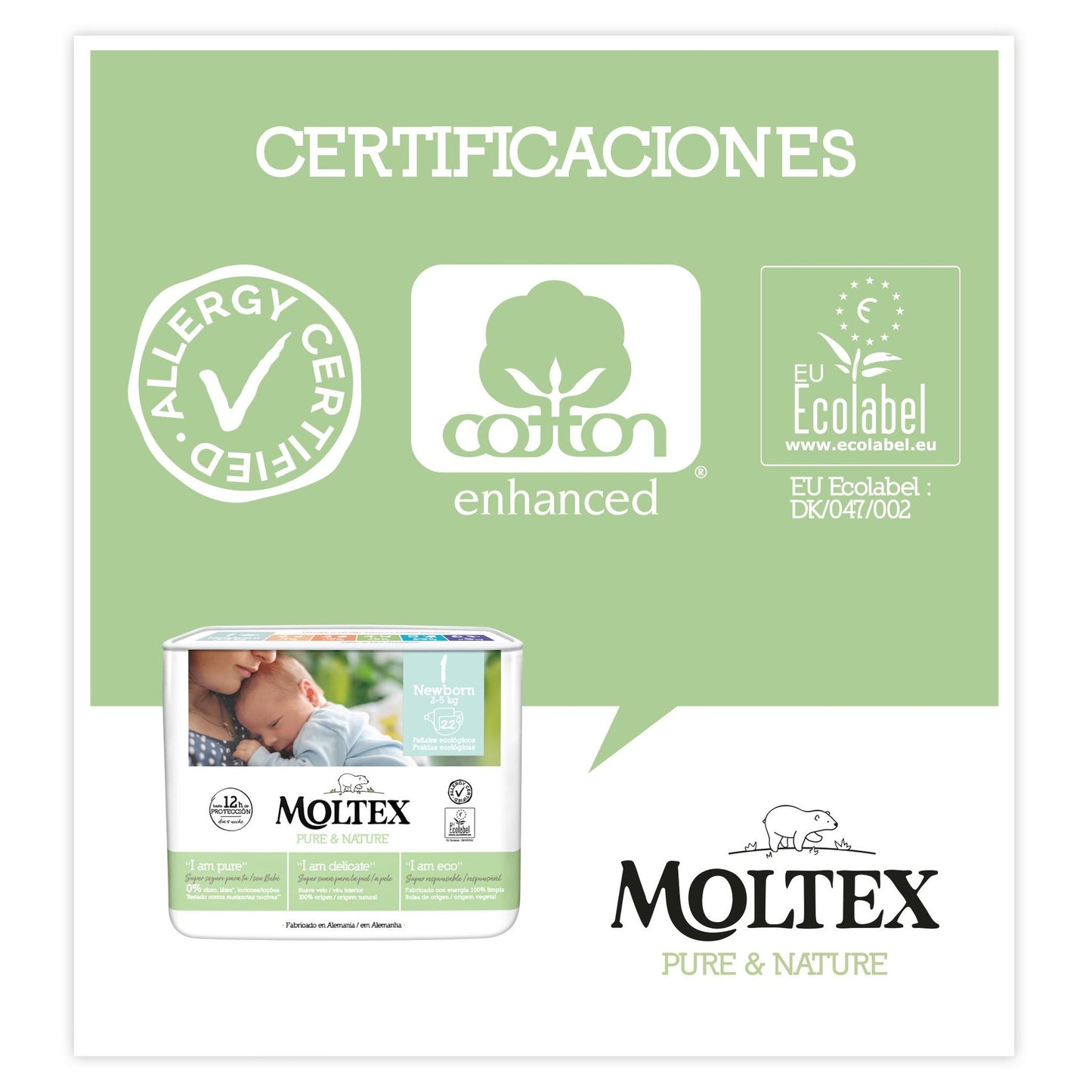 Pack ahorro Pañales T1 (2-5kg) Moltex Pure & Nature,  88 Uds