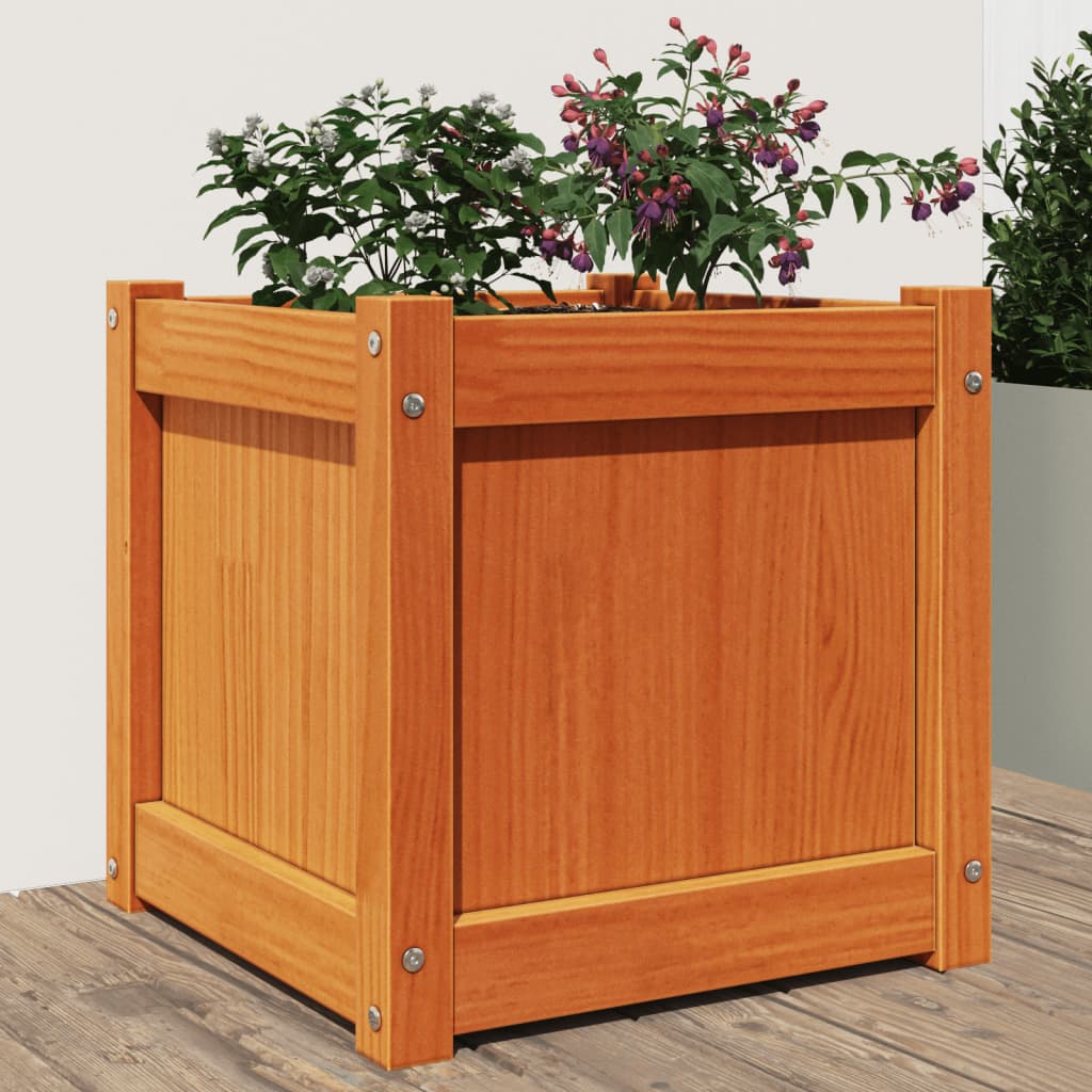 Jardinera Exterior Madera Maciza Pino Marrón Cera 40x40x40 Cm_1