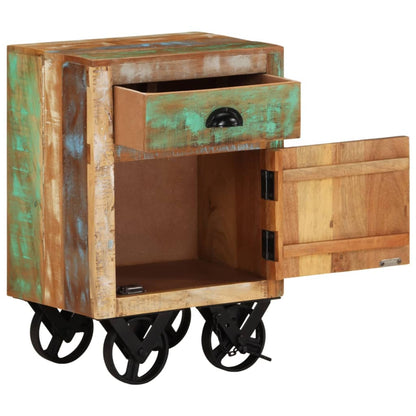 Mesita De Noche Con Ruedas Madera Maciza Reciclada 40x30x57 Cm_0