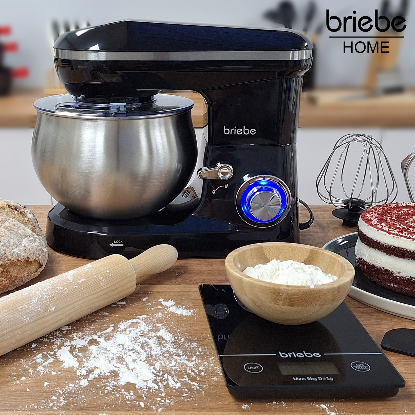 Briebe Batidora Amasadora Repostería Profesional 5l+ Báscula Cocina 6 Velocidades + Pulso Pantalla Led, Km1164b, 1800w_1