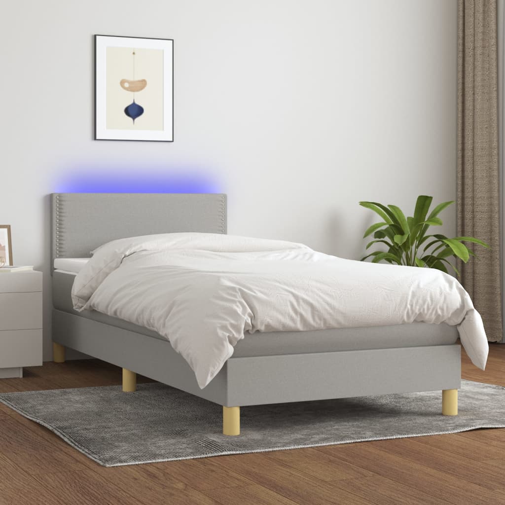 Cama Box Spring Colchón Y Luces Led Tela Gris Claro 90x200 Cm / Vetonek_5