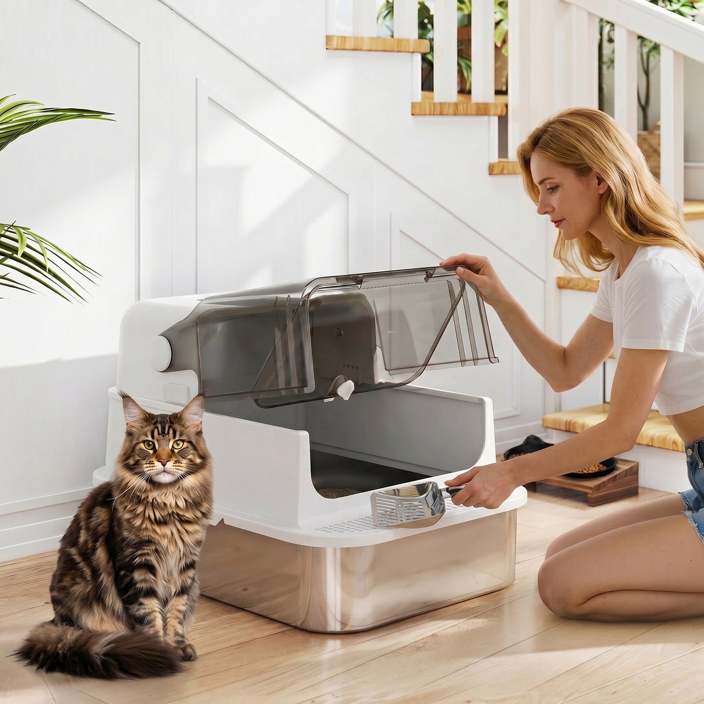 Pawhut Arenero Para Gatos De Acero Inoxidable Xxl Tapa Abatible Blanco_1