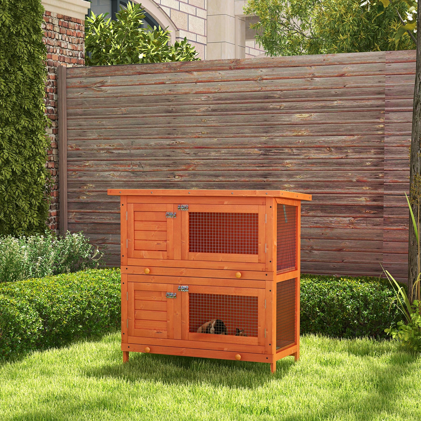 Pawhut Conejera Madera Exterior 2 Pisos Con Techo Asfáltico Abrible 90x45x90 Cm_1
