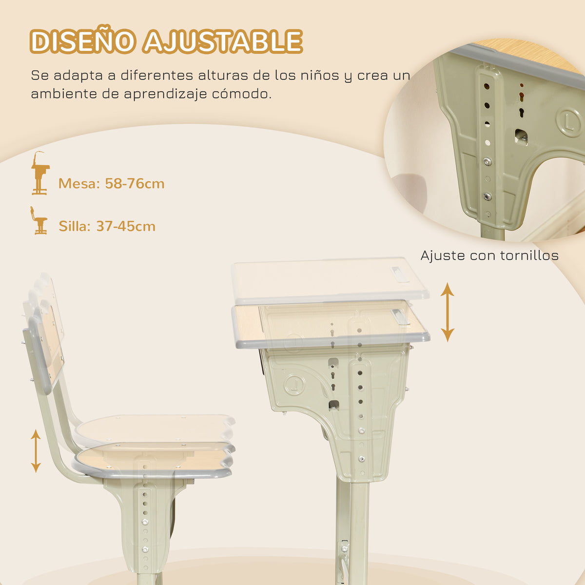 Secretária Para Crianças Homcom Pp, Mdf E Aço Madeira E Verde 60x40x58-76 Cm_5