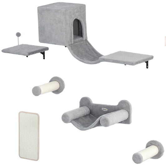 Pawhut Juego De Pared De Escalada Para Gatos 6 Piezas Con Condominio Plataforma_0