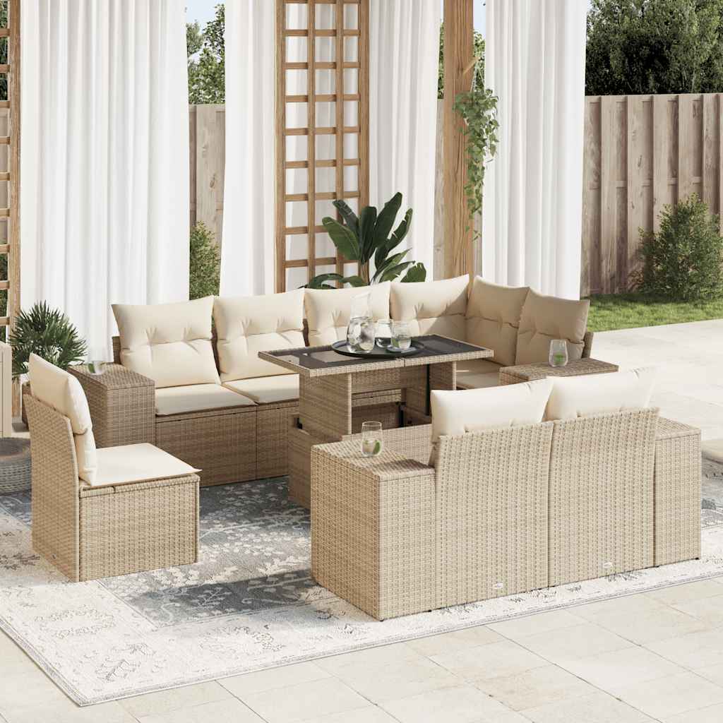 Set De Sofás De Jardín Con Cojines 9 Pzas Ratán Sintético Beige / Vetonek_5