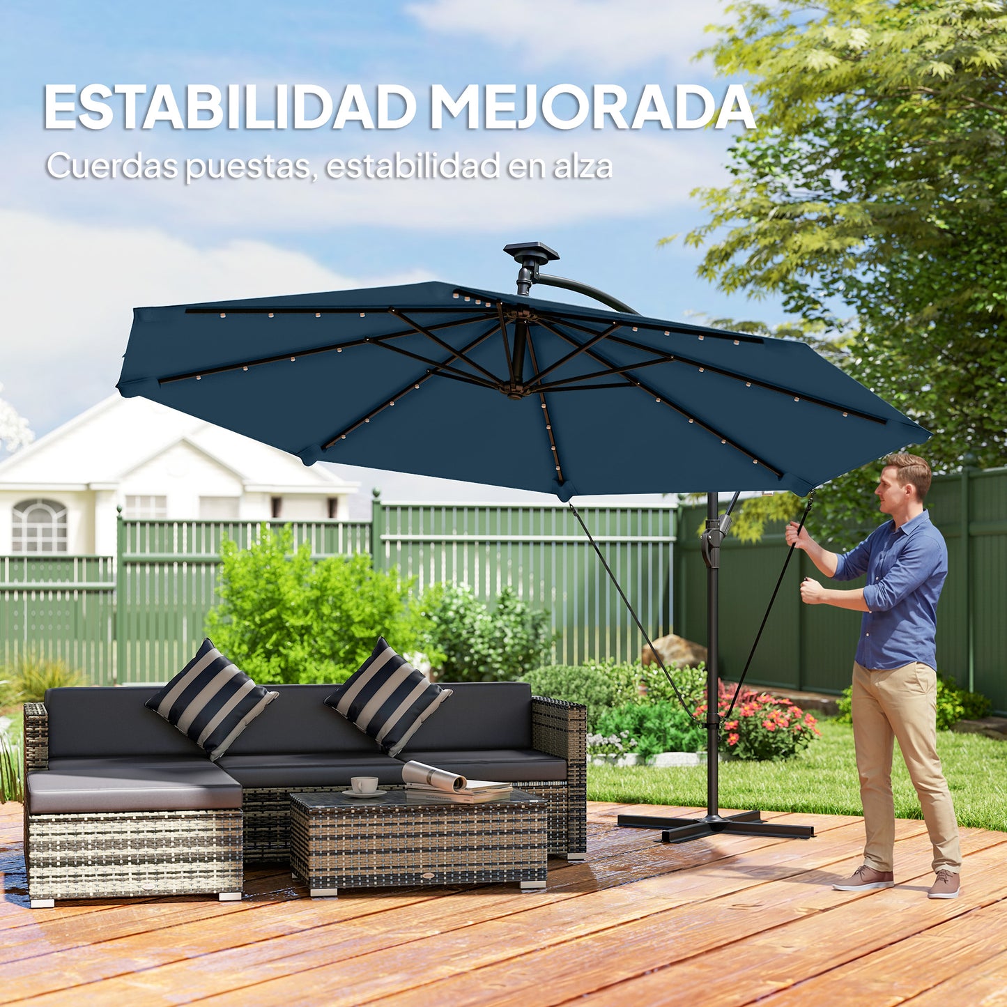 Outsunny Parasol Excéntrico De Aluminio Con Luces Led Base Cruzada Ø345 Cm Azul_5