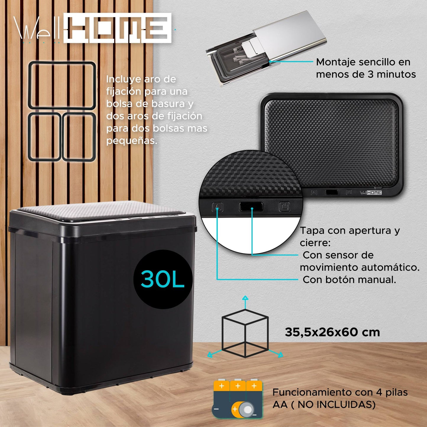 Cubo Inteligente 30l Sin Patas Apertura Auto Negro