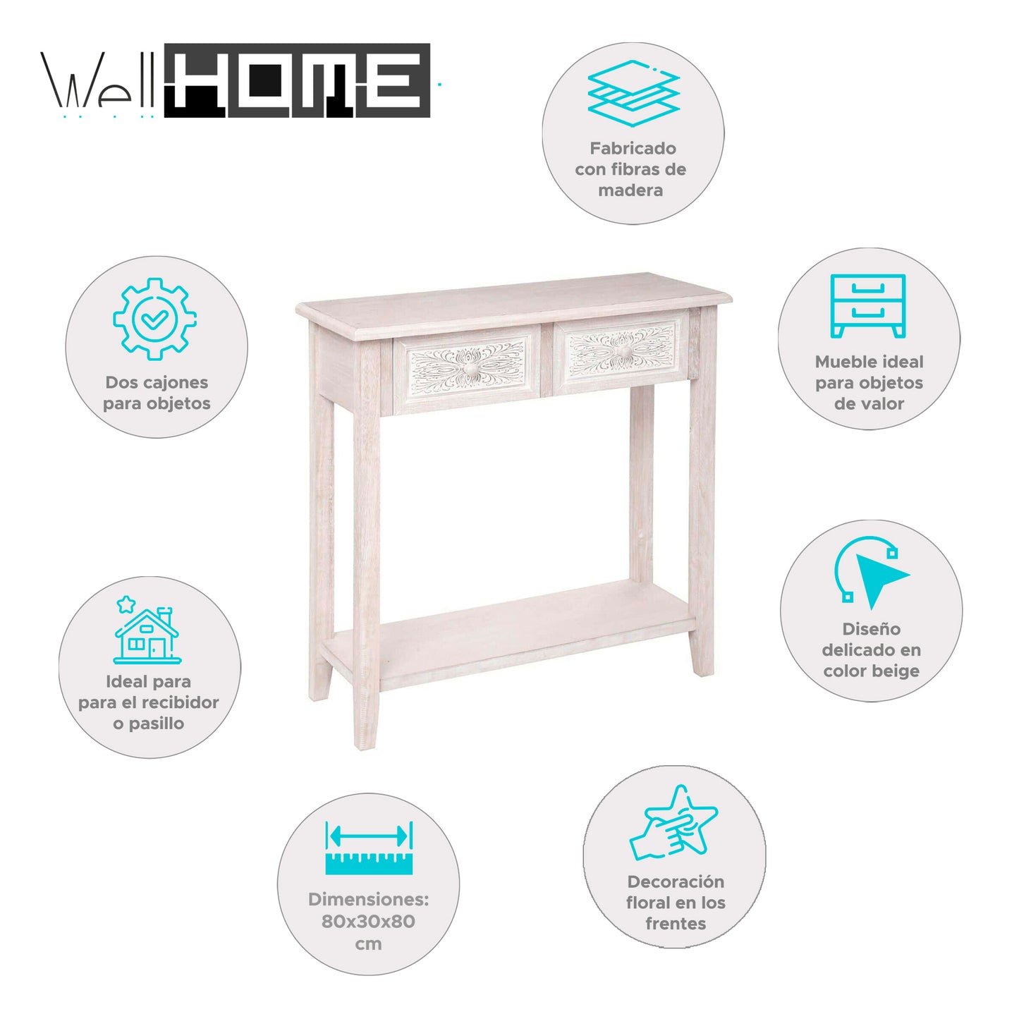 Wellhome Consola 2 Cajones Madera Blanca Naturaleza