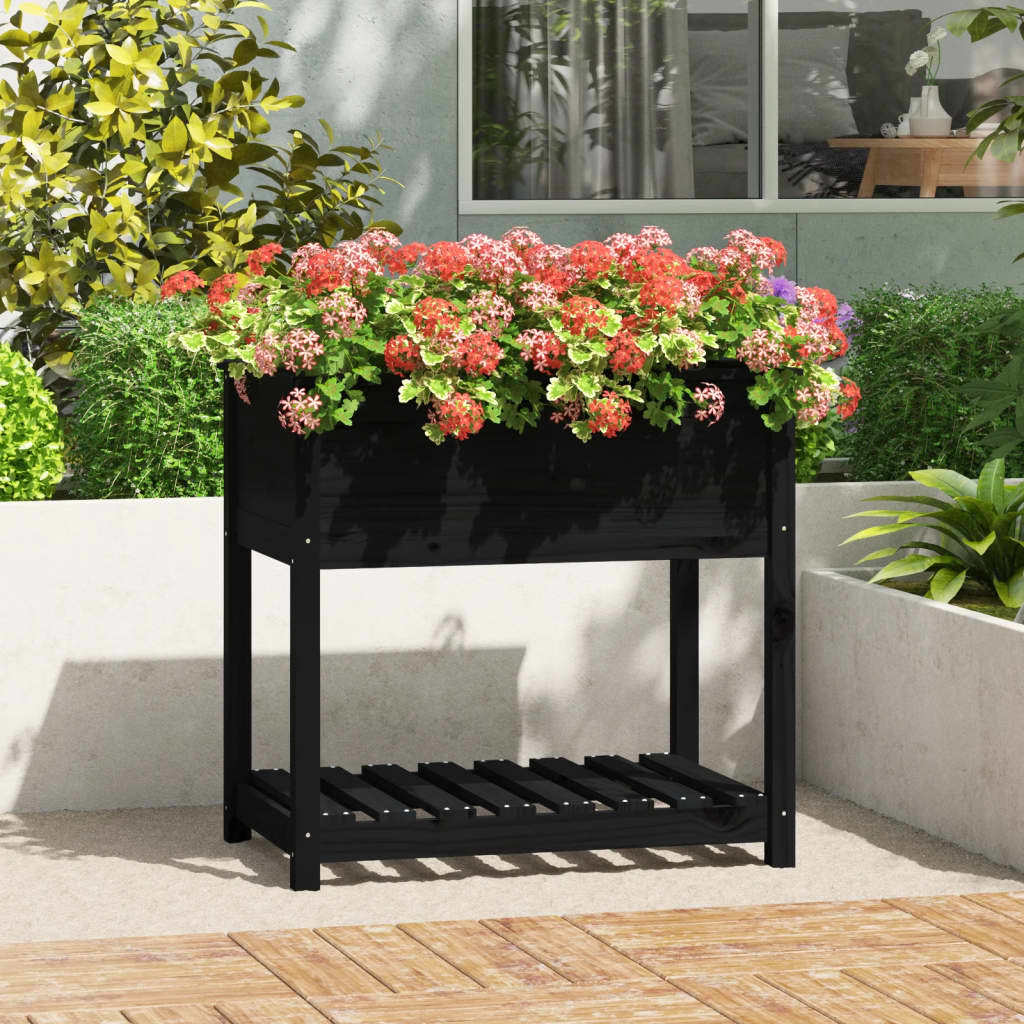 Jardinera Con Estante Madera Maciza De Pino Negro 82,5x54x81 Cm_1