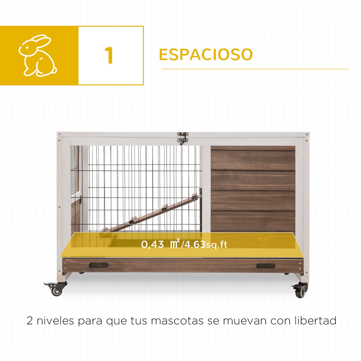 Pawhut Jaula Para Conejos De Madera 90x53x59cm Techo Abrible Rampa Bandeja_3