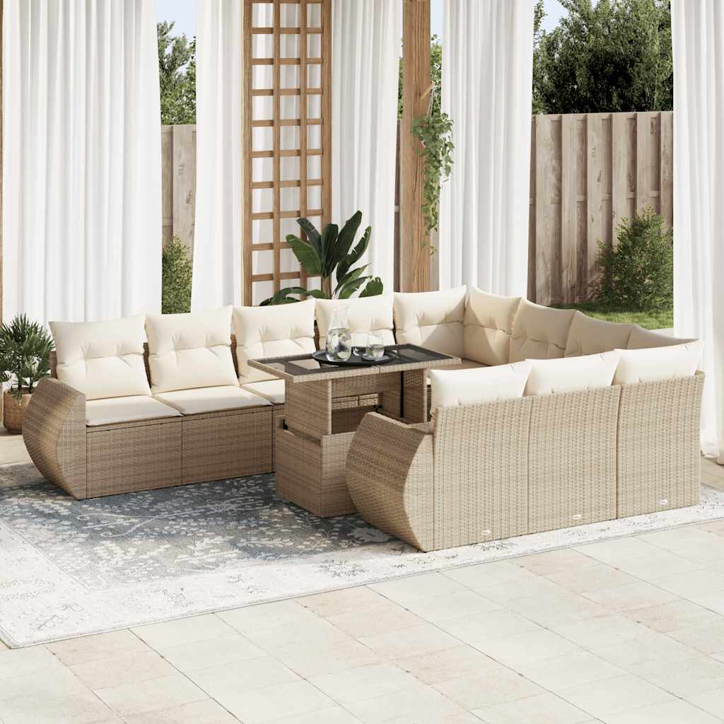Set De Sofás De Jardín 11pzas Con Cojines Ratán Sintético Beige / Vetonek_5