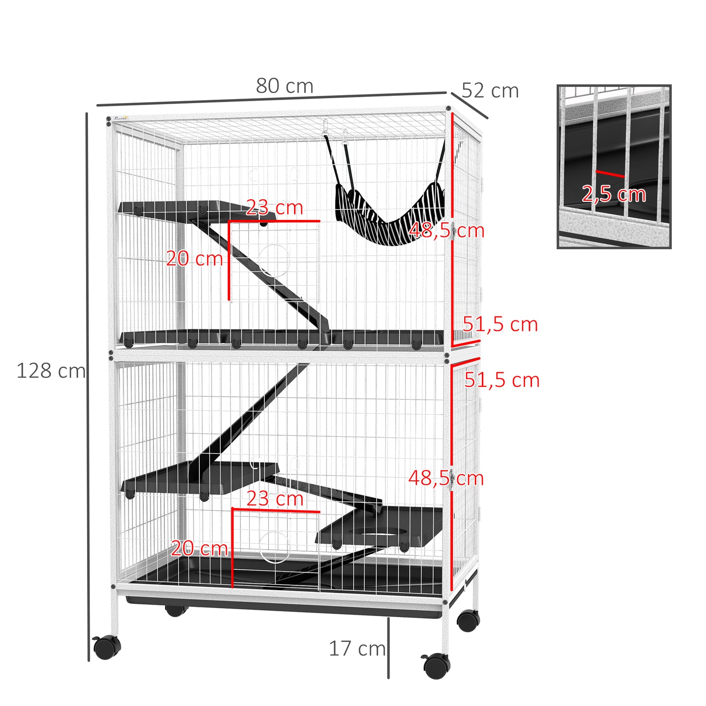 Pawhut Jaula Para Animales Pequeños De 4 Niveles Con Ruedas 80x52x128 Cm Blanco_2