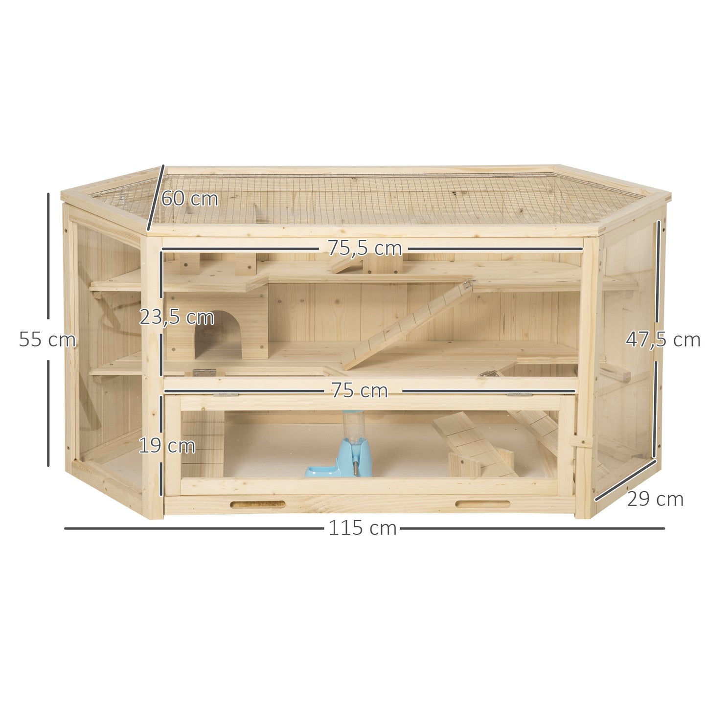 Pawhut Jaula De Madera Para Hámster 115x60x55 Cm Con 3 Niveles Techo Abatible_2