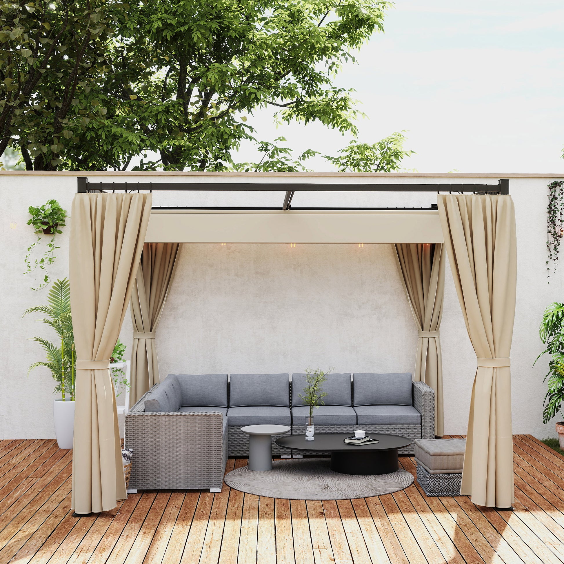 Outsunny Pérgola De Jardín 3x3 M Con Techo Y Paredes Laterales Retráctil Beige_4