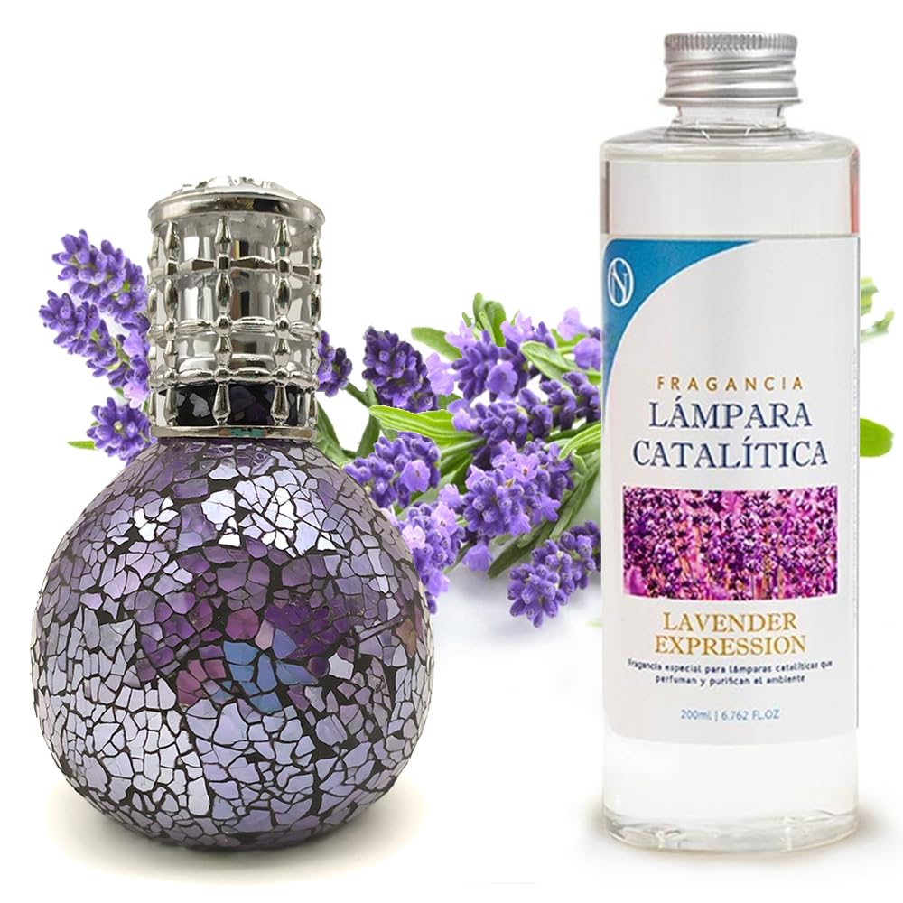 Lámpara Catalítica Mosaico Azul Océano + Fragancia Aroma Lavender Expression 500 Ml - Elimina Malos Olores, Perfuma_0