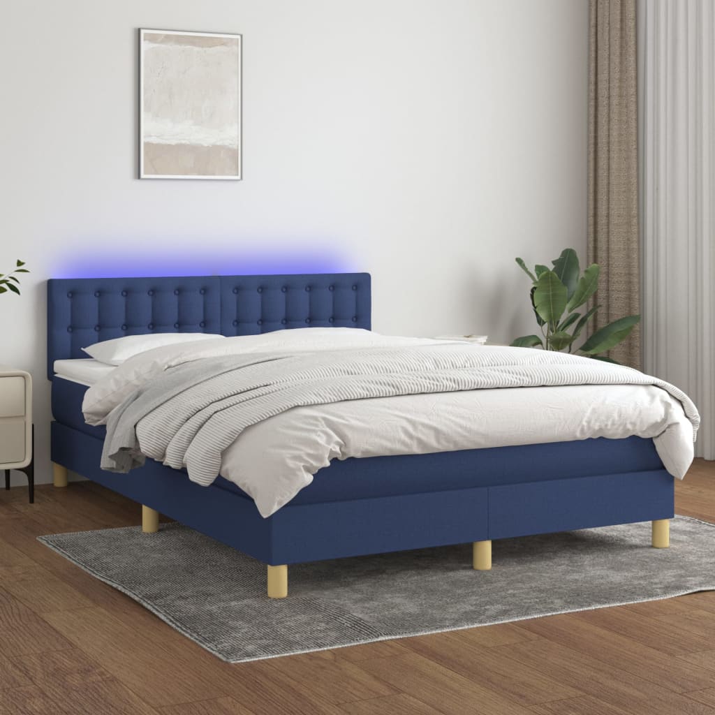 Cama Box Spring Con Colchón Y Led Tela Azul 140x200 Cm / Vetonek_4