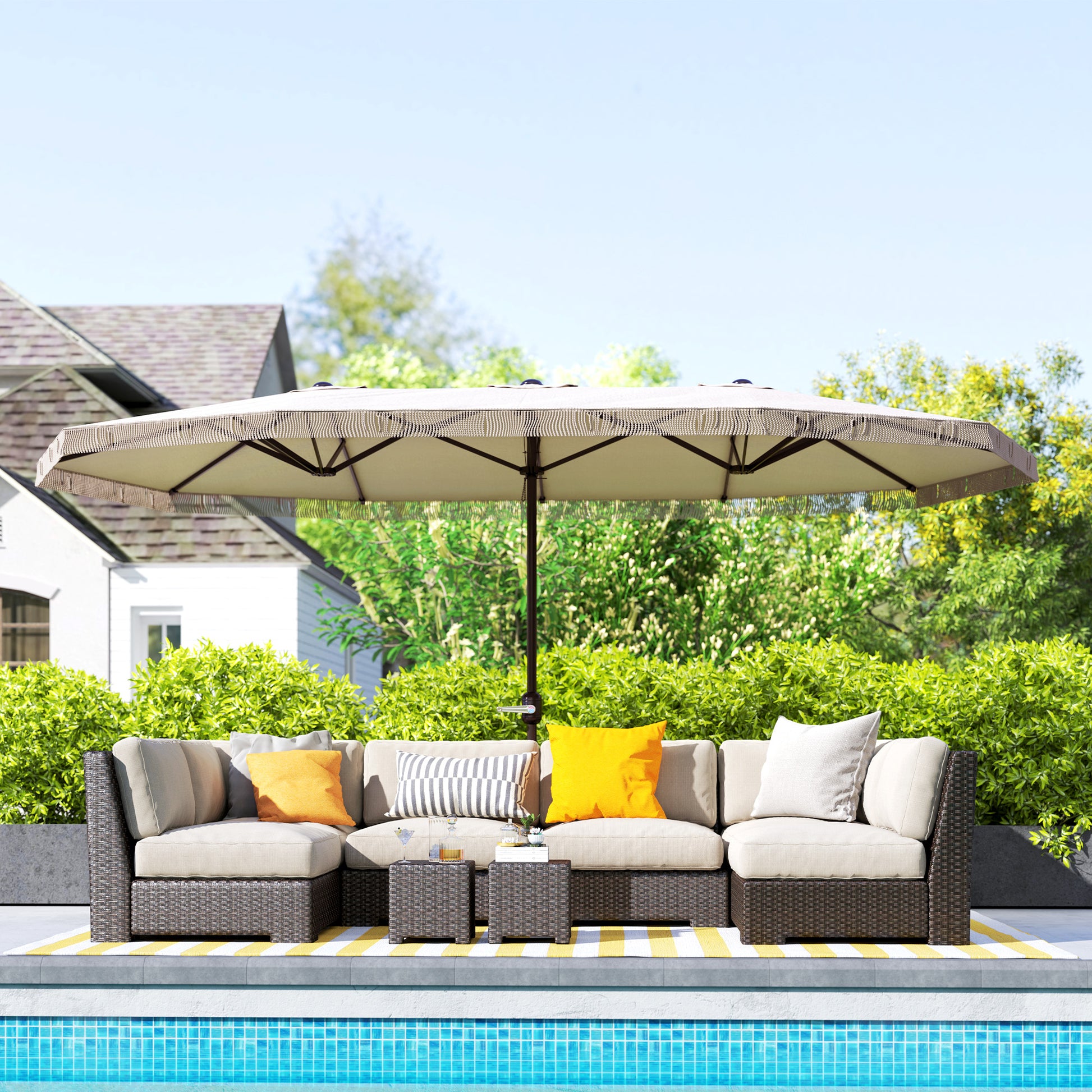 Outsunny Sombrilla Doble 4,5x2,7 M Con Manivela Manual Resistente Al Agua Crema_1