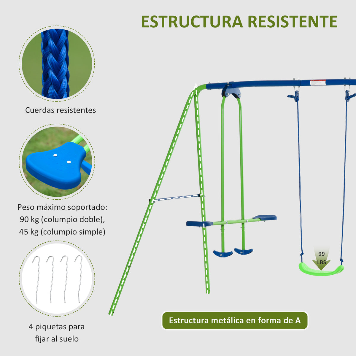 Juego De Columpios De Jardín De Metal Outsunny 280x140x178 Cm Verde_5